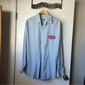 DIESEL Blue and White Button Up Top with Red D Logo